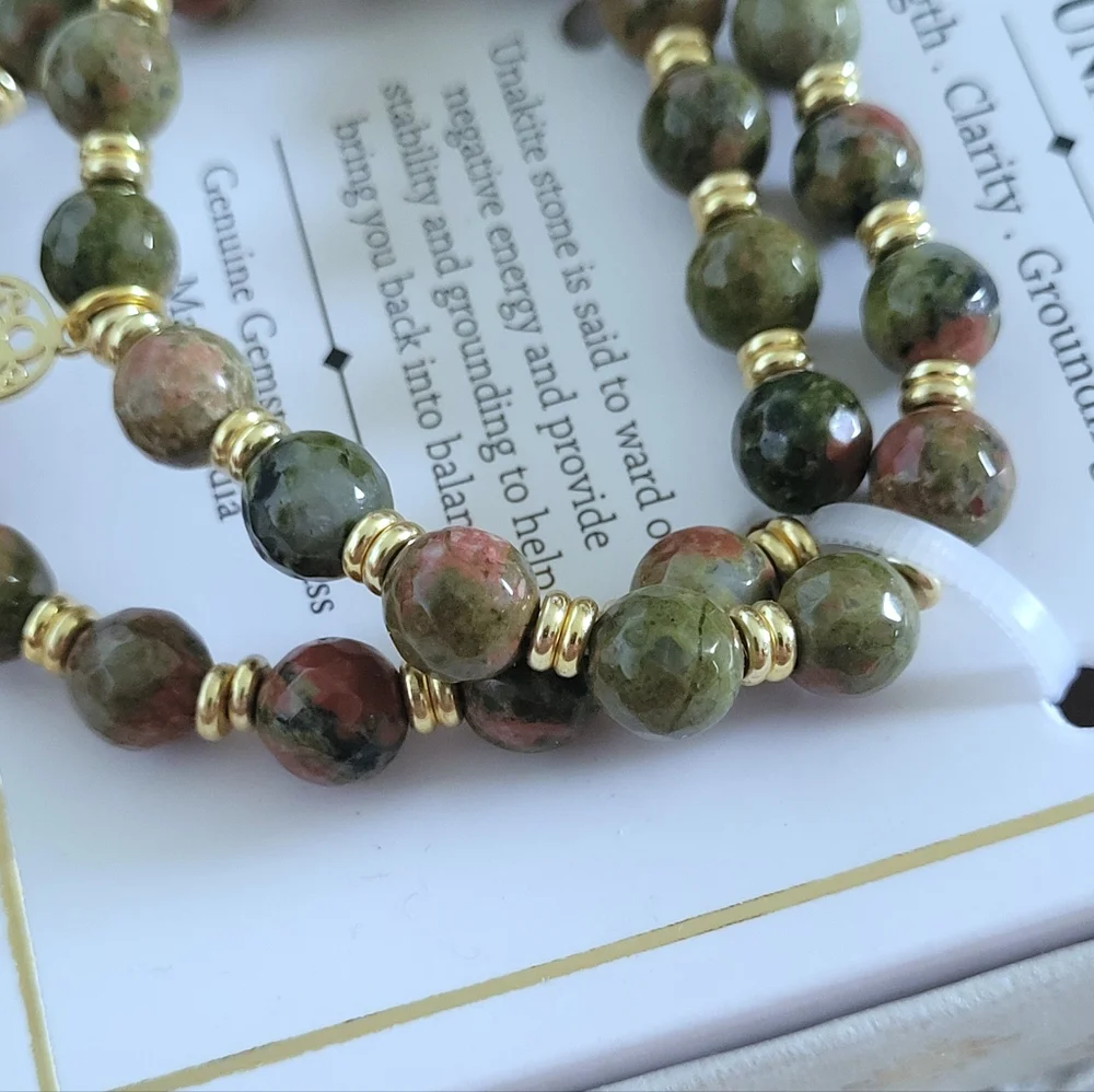 Shivam Unakite Stretch Bracelet Duo✌️ with Hamsa🤚Charm - NIB - Picture 13 of 15